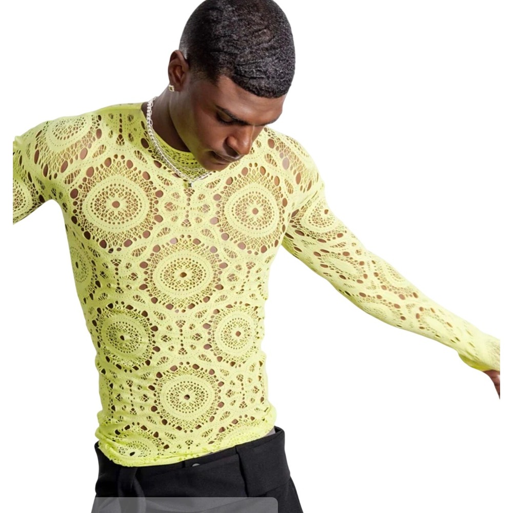 ORTTU Long Sleeve Top Mens OS Neon Yellow Pointelle Open Knit Avant-Garde Rave